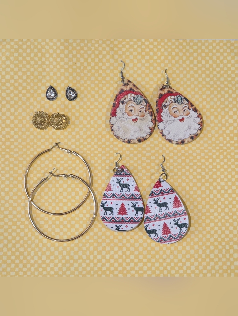 Holiday Christmas Earrings ×5 Teardrop Faux Leather Santa Fair Isle Hoops
